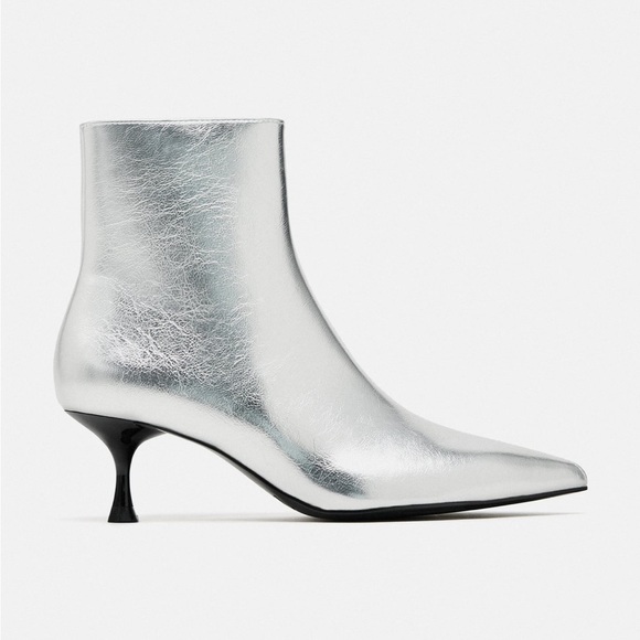 Zara Metallic Kitten Heel Ankle Boots Metallic Effect Thin Heel Pointed Toe NWT - Picture 3 of 11